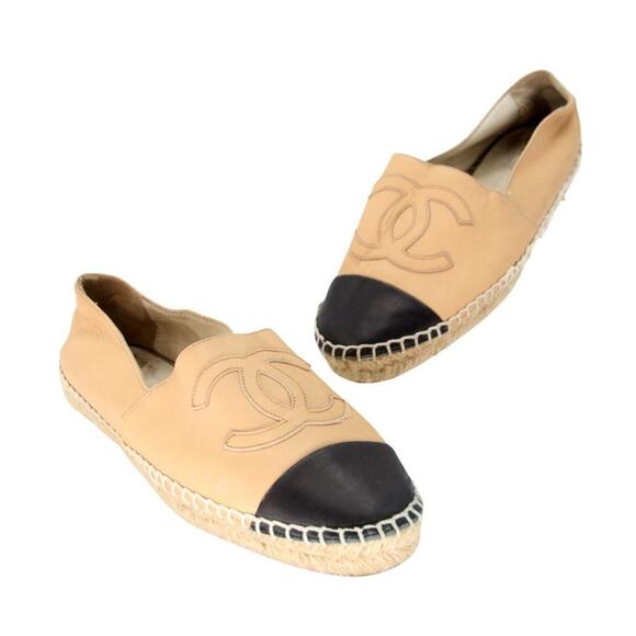 Chanel Espadrille 38 Lambskin Leather Double Stacked Cc Flats CC-0505N-0156